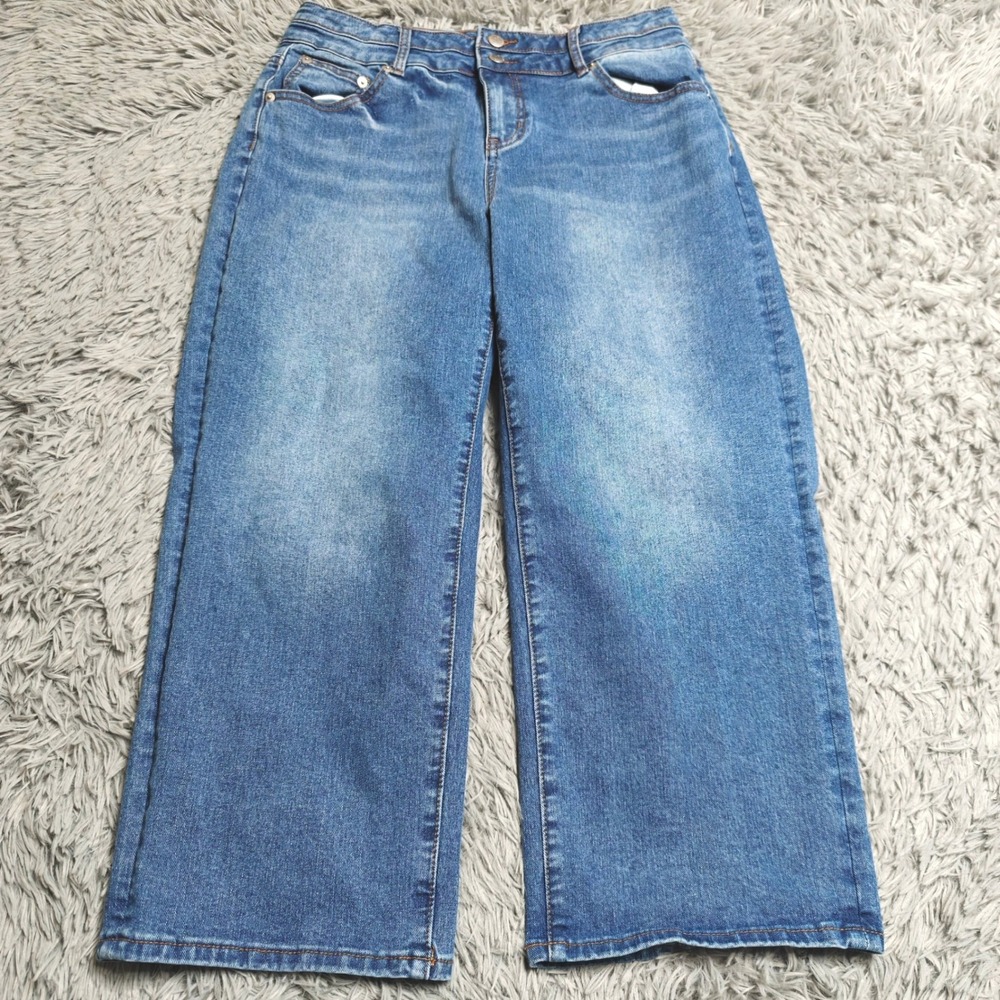 Flamingals Womens Large Wide Leg Jeans Dual Button Medium Wash Stretch Cropped